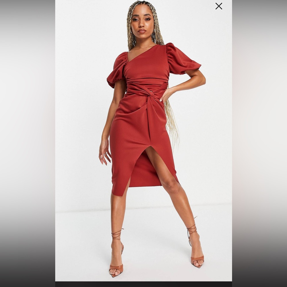 Classy Asymmetric Puff Sleeve Midi Dress